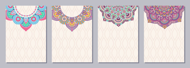 Set of four color cards or flyers with ethnic mandala ornament. Abstract mandala flyer design. - 789095465