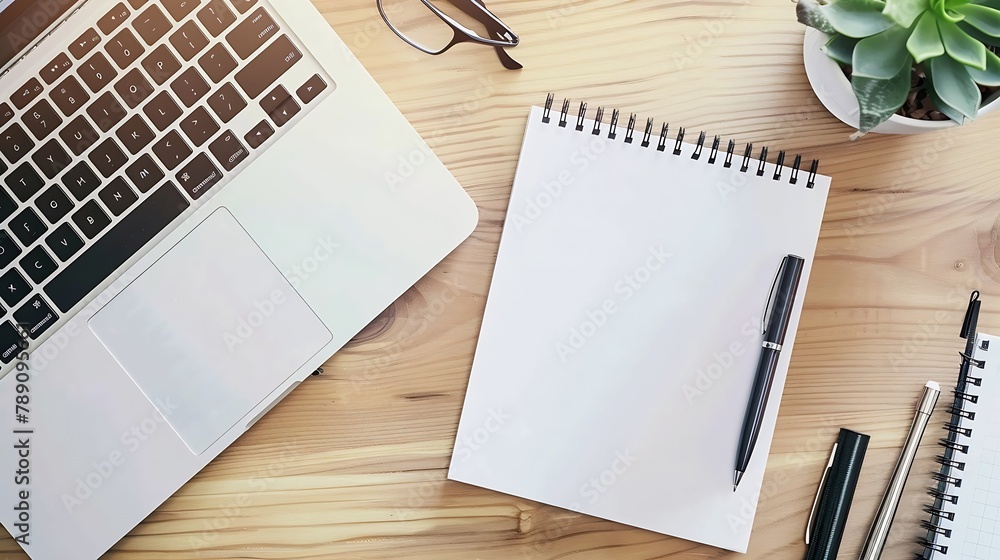 Leinwandbilder blank notebook with pen are on top of wood office desk table with laptop computer and supplies top v