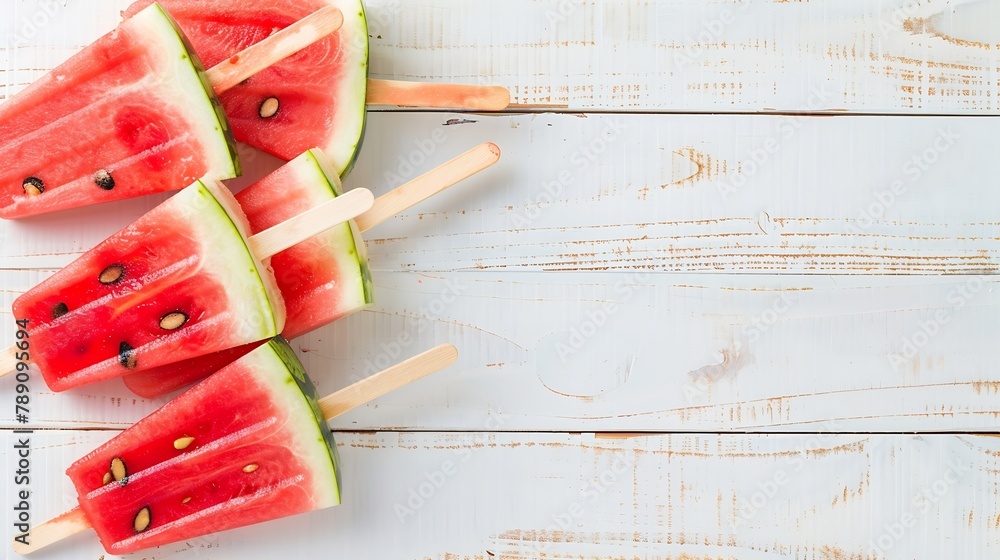Poster watermelon popsicle on wooden white background watermelon slices on sticks top view fat lay copy spa