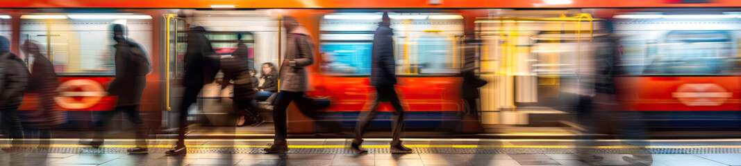 Motion blurred commuters at modern underground platform