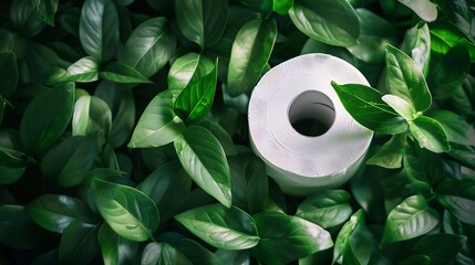 A roll of toilet paper with green leaves  flat lay : Generative AI