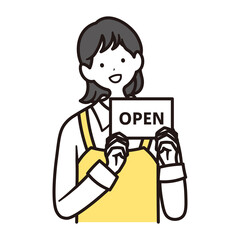 カフェで働くOPENカードを持った女性スタッフの上半身イラスト素材