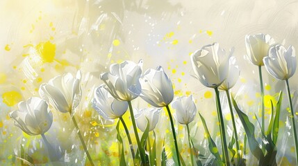 A beautiful backdrop featuring white tulips reaching towards the sunlight with splashes of yellow is perfect for a birthday card Mother s Day or International Women s Day celebration