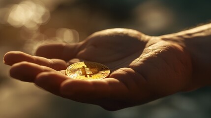 Crop unrecognizable dealer with metal crypto coins with letter and ornament on golden surface