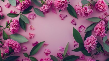 Flowers composition Frame made of pink flowers and leaves Top view flat lay : Generative AI