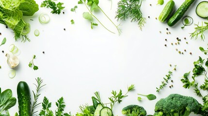 Border of green raw vegetables on white background Top view of healthy organic food Flat lay Copy space : Generative AI