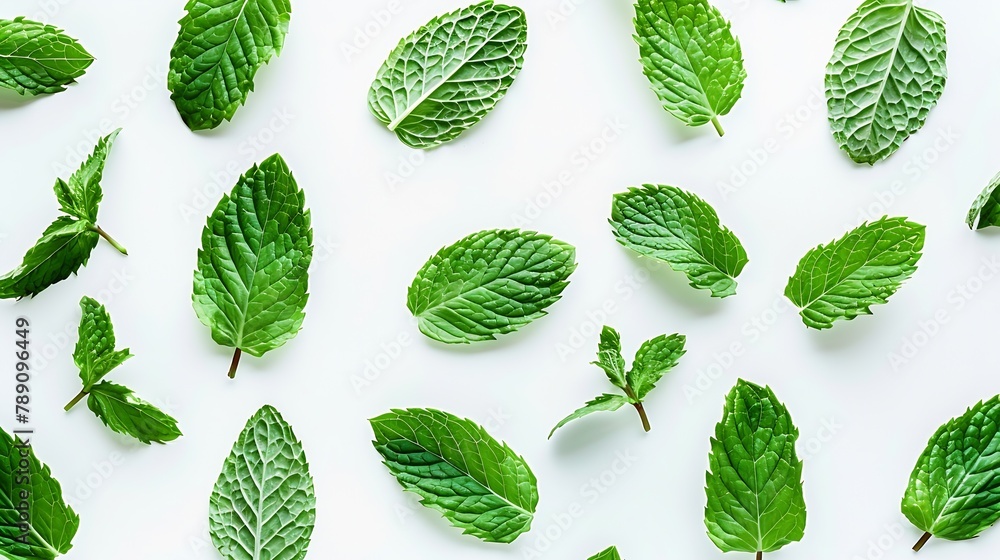 Aufkleber Mint leaves pattern isolated on white background  top view  flat lay : Generative AI