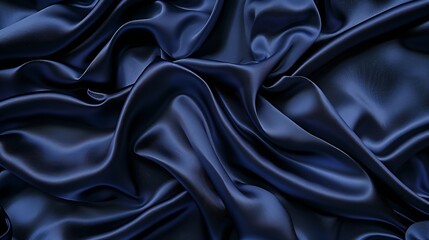 Dark blue silk satin Soft folds Fabric Navy blue luxury background Space for designWavy lines...