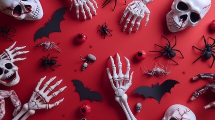 Happy Halloween holiday concept Creative layout with skull ghosts bloody eyes spiders bats skeleton hands on red background Flat lay top view : Generative AI