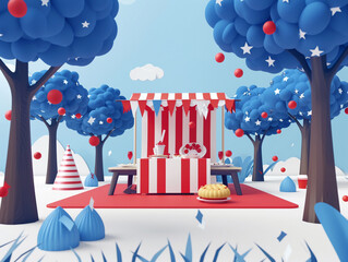 Minimalistic 3D vector illustration of a picnic setup with red, white, and blue themed decorations, tranquil park setting,