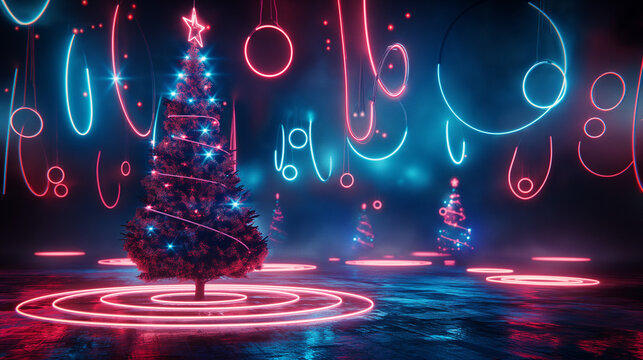 A 3D rendering of a Christmas tree made of neon lights with presents under it. There are glowing blue and pink rings and lines in the background.

