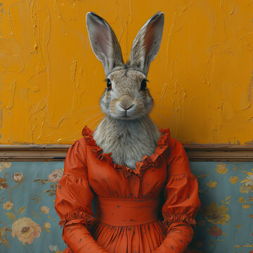 Bunny in a dress on a bright background. Minimalism. Copy space.

