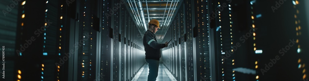 Poster A data processing expert in a data center analyzes large amounts information and develops strategies for its storage and optimization, contributing to the efficient operation the system. Wide banner