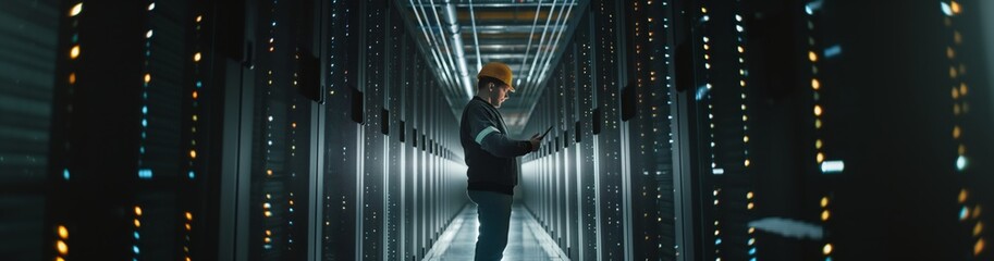 Fototapeta premium A data processing expert in a data center analyzes large amounts information and develops strategies for its storage and optimization, contributing to the efficient operation the system. Wide banner