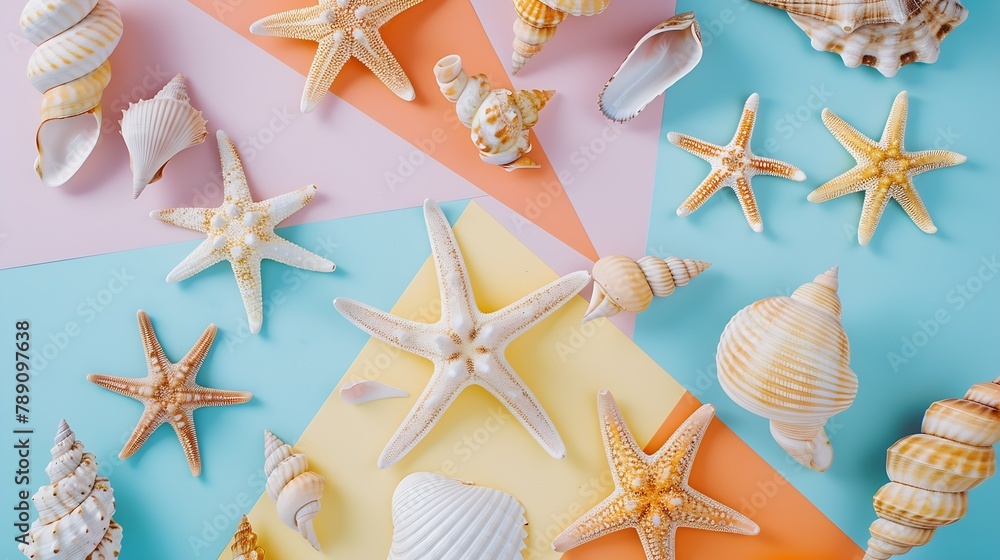 Poster summer time concept flat lay composition with beautiful starfish and sea shells on colored table top