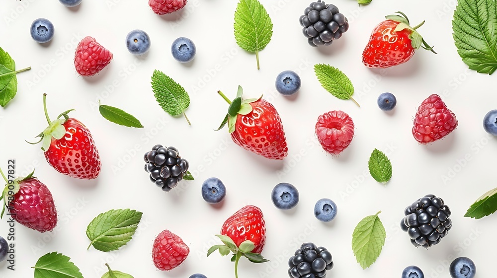 Poster fruit pattern made of fresh berries and green leaves on white background flat lay top view : generat