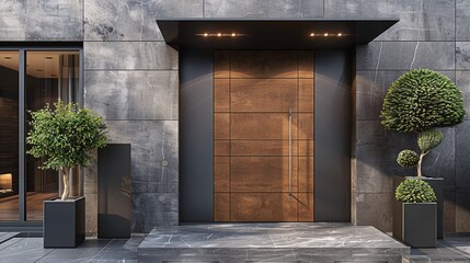 a modern aesthetic of entrance door featuring a wood effect, complemented by sleek wall covering. Perfect for contemporary interior designs