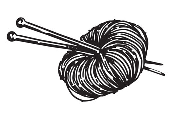 Sketch of wool yarn with knitting needles. Hobby, leisure activity doodle. Outline vector illustration in retro engraving style.