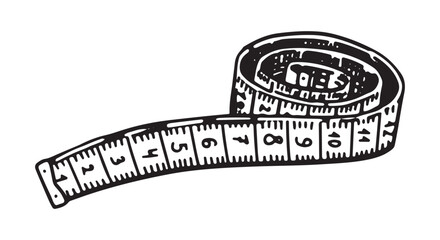 Rolled up measuring tape sketch. Sewing craft, tailor equipment doodle. Outline vector illustration in retro engraving style.