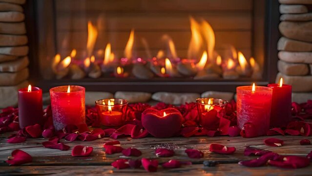 Romantic Fireplace with Candles and Rose Petals. Concept Romantic Settings, Fireplace Decor, Candlelit Ambiance, Intimate Photography