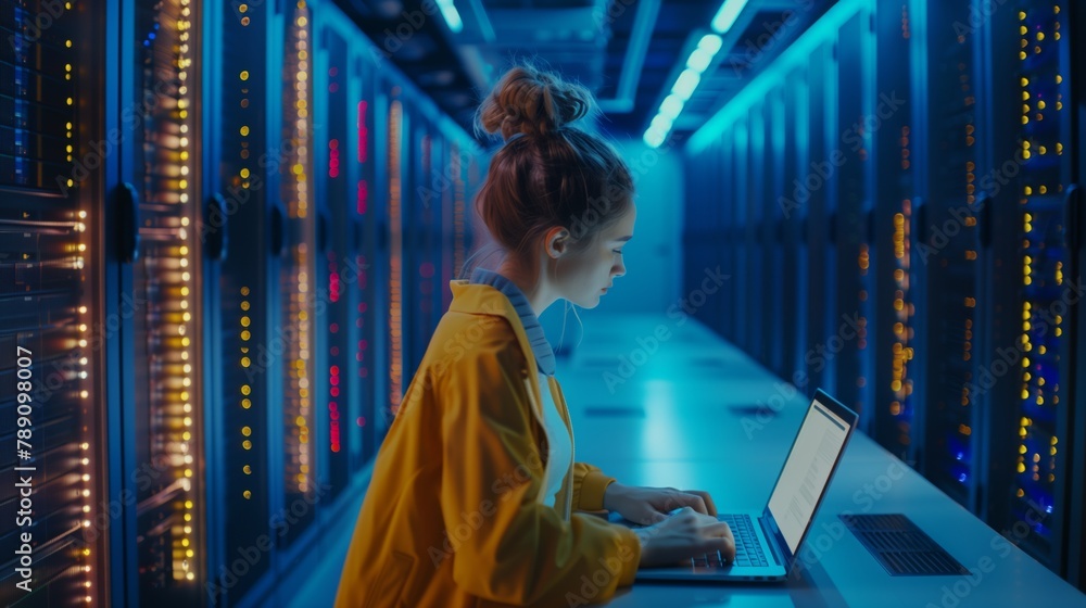 Poster The IT professional is deeply committed to working at a laptop in a data center, ensuring the smooth operation of the network and servers, guaranteeing their stable operation and security