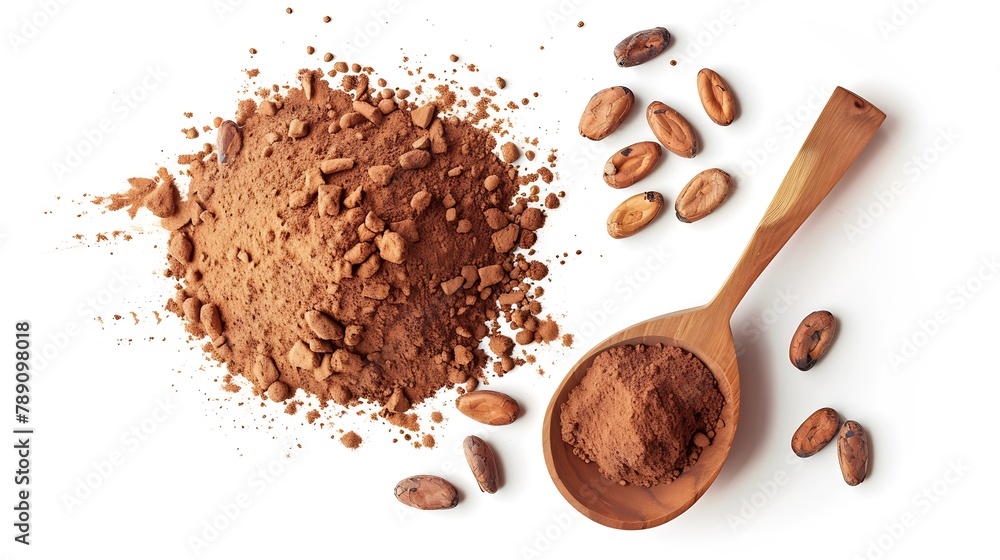 Poster Cocoa drink and cocoa powder in wooden spoon isolated on white background Top view Flat lay : Generative AI