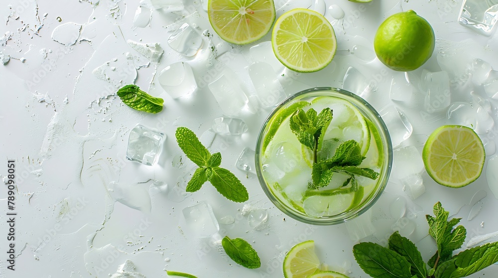 Aufkleber Flatlay of mojito cocktail with lime fresh mint and ice bottle with mojito on white texture background close up Summer refreshment citrus drink Top view and copy space : Generative AI
