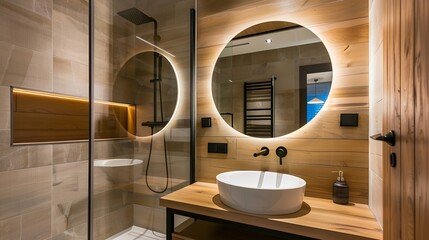 Modern bathroom with wooden style tiles in shower cabin next to big round mirror with led light above washbasin : Generative AI