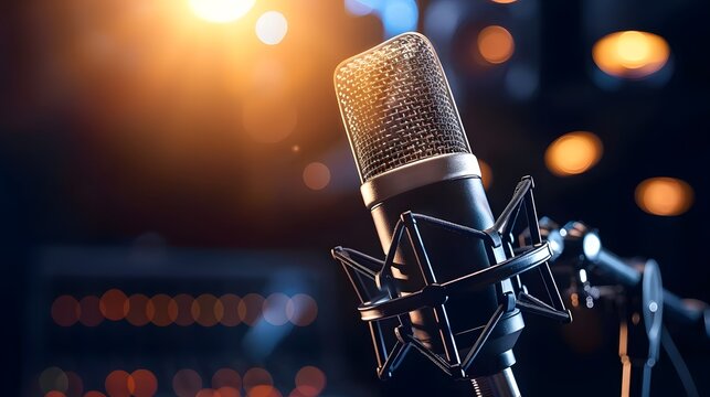 Close up shot of a professional microphone in the sound recording studio for voice over and dubbing, with a concept of podcasting.