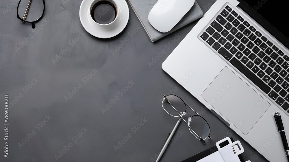 Poster overhead shot of laptop and business accessories on gray background office desktop flat lay : genera