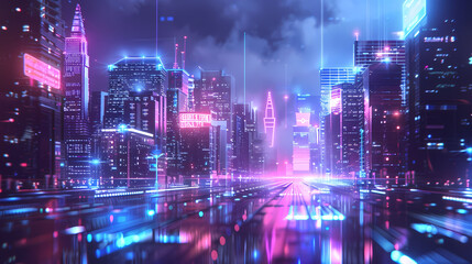 Fototapeta na wymiar Tech City view with holographic overlay