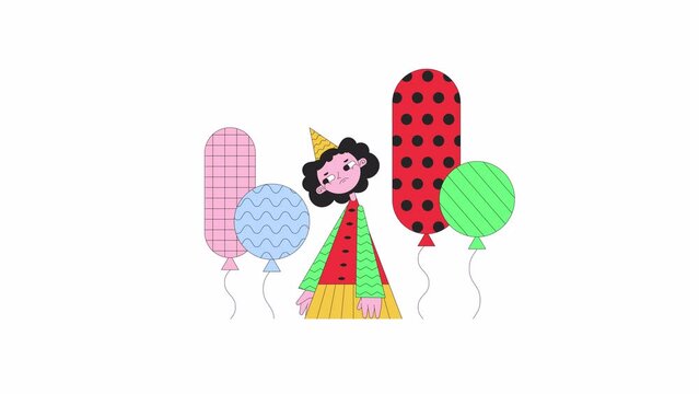 Disappointed sigh girl amidst floating balloons line 2D character animation. Depressed flat color cartoon 4K video, alpha channel. Unhappy teenager birthday hat animated person on white background