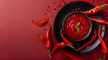 Thick hot chili sauce in a bowl and heap of fresh red hot chili peppers on a black textured plate over red background Spices and condiments concept Copy space Flat lay Top view : Generative AI