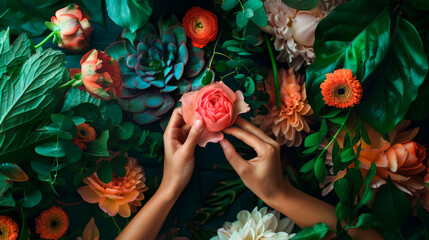 Hands artfully arranging a perfect rose amidst a lush tapestry of vibrant floral textures. Making bouquets. Floristics. Gift wrapping. Banner. Copy space