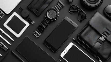 Flat lay of a modern minimal workplace with office accessories and trendy gadgets paper notebook smartphone smartwatch digital tablet stylus pencil wireless earphones BW tones copy spa : Generative AI