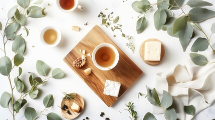 Breakfast with cheese leaves eucalyptus cutting board and black tea composition with on white background Flat lay top view : Generative AI - Powered by Adobe
