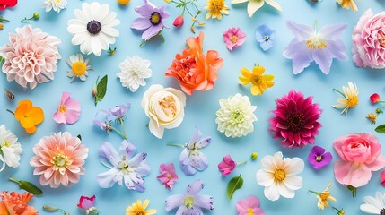 Creative pattern made of colorful spring flowers with copy space Minimal style Flat lay : Generative AI