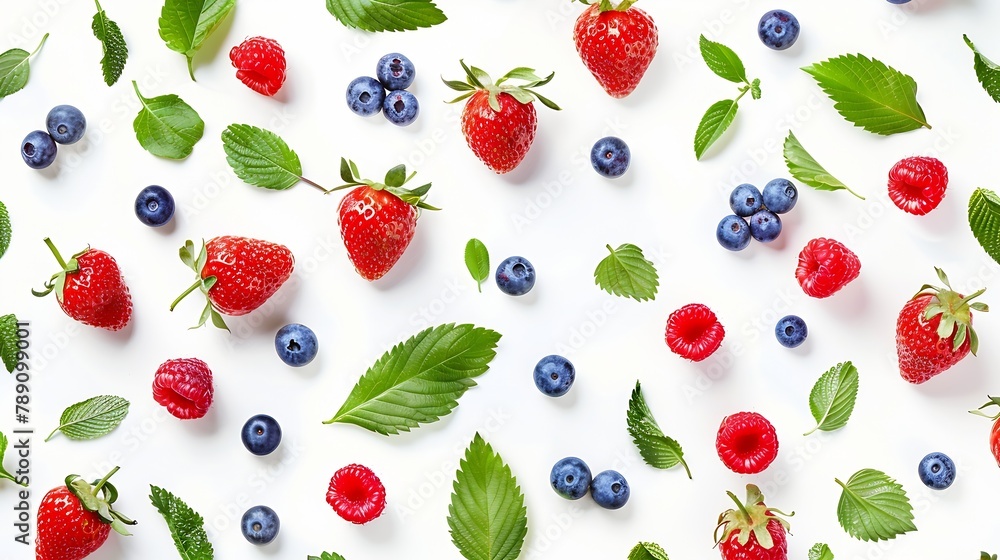 Poster fruit pattern made of fresh berries and green leaves on white background flat lay top view : generat