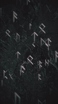 Vertical video - dark grunge runic motion background with gently moving metallic runes, particles and morphing black rock texture. Full HD and runology symbols background animation.