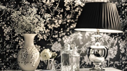 Close up detail view of a home bedroom bedside table with an elegant silver lamp and decorative vases with natural flowers against a busy organic black and white wallpaper interior wit : Generative AI