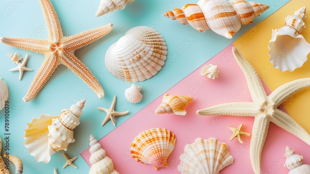 Poster summer time concept flat lay composition with beautiful starfish and sea shells on colored table top