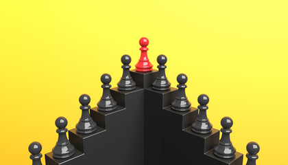 Leadership and growth concept, red pawn of chess, standing out from the crowd of black pawns, on yellow background. 3D Rendering