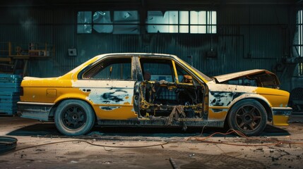Fototapeta na wymiar Abandoned yellow classic car in a state of decay and disrepair inside an old industrial garage
