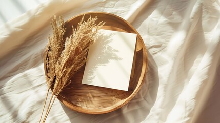 Blank greeting card card mockup on wooden plate tray Dry grass plant in sunlight Beige linen background shadow overlay Modern template for branding identity Autumn winter design Flat l : Generative AI