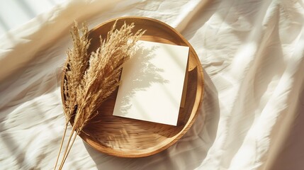 Blank greeting card card mockup on wooden plate tray Dry grass plant in sunlight Beige linen...
