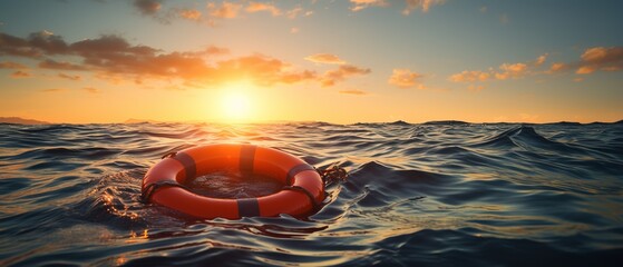 Life Preserver Floating in the Ocean at Sunset. AI Generated Image