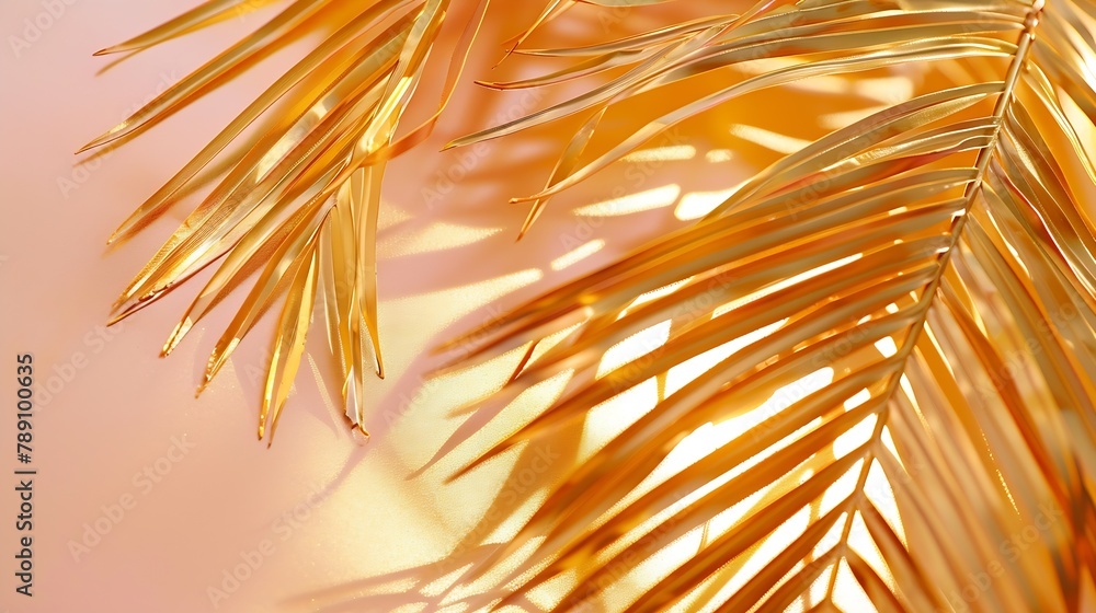 Poster top view of golden tropical leaf on holographic foil background flat lay minimal summer vacation con