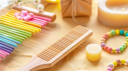 Studio shot of wooden comb bamboo toothbrush colorful bracelets organic soap shampoo and other ecofriendly selfcare products : Generative AI - obrazy, fototapety, plakaty