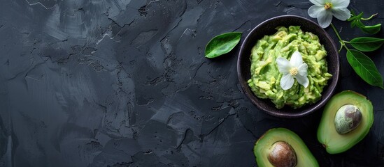 Avocado. An avocado flower decorates a dark background with a bowl of guacamole made from avocado palta. The image showcases the ingredients of guacamole, rich in healthy fats and omega-3. - Powered by Adobe