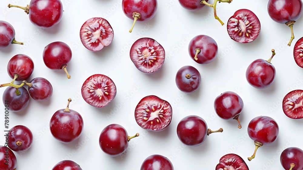 Poster Red grapes and half sliced isolated on white background Top view Flat lay Grape pattern texture background : Generative AI